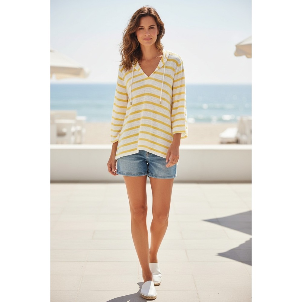 Crown & Ivy Hoodie Womens Large Yellow White Striped V-Neck Cotton Pullover L
